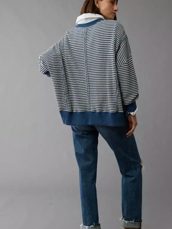 American Eagle Outfitters Sweaters - American Eagle Outfitters Navy & White Striped Waffle Crewneck Pullover, MEDUIM